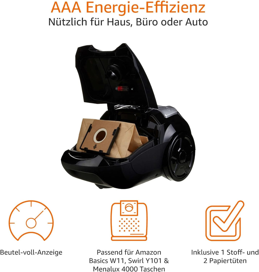 Amazon Basics - Aspirapolvere con sacchetto, potente, compatto e leggero, per pavimenti duri e tappeti, filtro HEPA, 700 W, 1,5 l, UE, nero