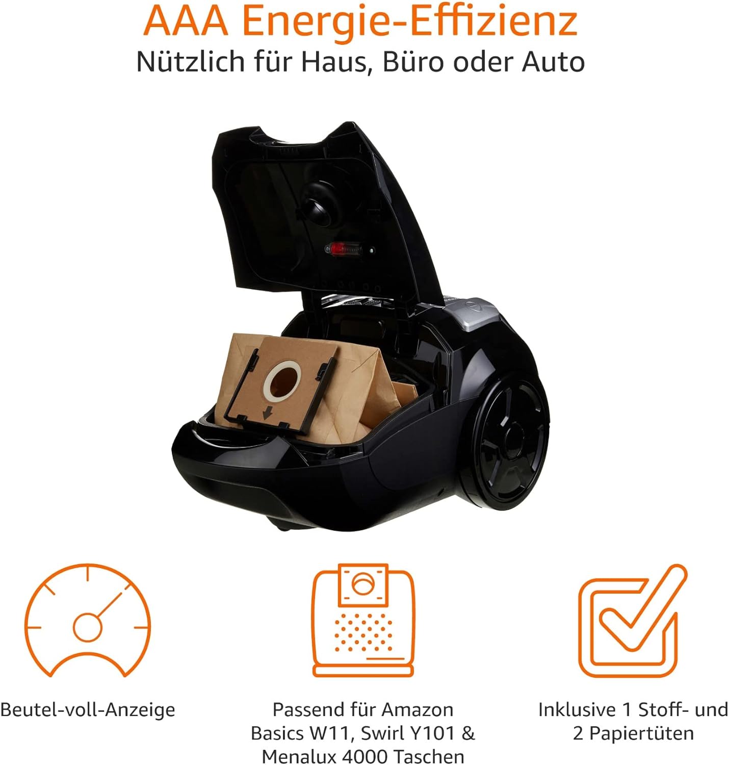 Amazon Basics - Aspirapolvere con sacchetto, potente, compatto e leggero, per pavimenti duri e tappeti, filtro HEPA, 700 W, 1,5 l, UE, nero