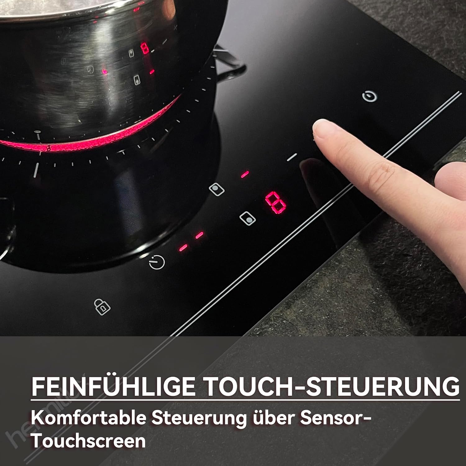 Hermitlux Domino Glaskeramikkochfeld,Eingebaut 29 cm schwarz Glaskeramik elektrisches Kochfeld,9 Leistungsstufen,Sensor-Touch-Steuerung, Kindersicherung, 1-99 Minuten-Timer,Geeignet für Alle Tpfe