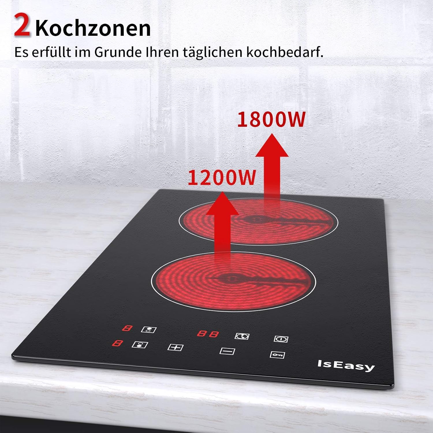 IsEasy 4 Zonen Einbau Induktionskochfeld mit 9 Leistungsstufen &1-99Min Timer, Boost-Funktion, Induktionskochplatte, Induktion Herdplatte mit 4 Platten, 60cm, 6800W, Schwarz