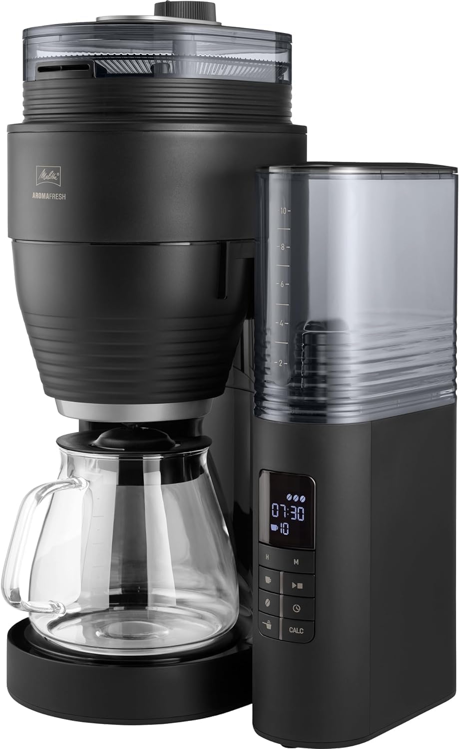 Melitta AromaFresh X - Macchina da Caffè con Macinacaffè, Macchina da Caffè Filtrato con Caraffa in Vetro e Blocco Antigoccia, per Fino a 10 Tazze di Caffè, Nero/Argento