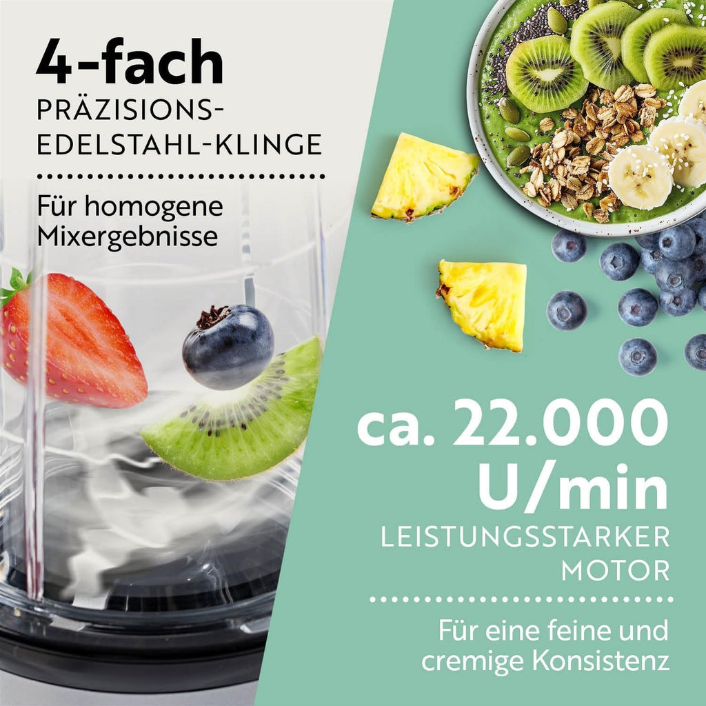GOURMETmaxx Frullatore per Smoothie e Frullatore a Immersione Set da 18 pezzi - 400W | Frullatore Elettrico da 750ml, Mixer con 4 Bicchiere To-Go, 2 Lame, Spremiagrumi, Piedistallo e Coperchio | Lavabile in Lavastoviglie, a Prova di Perdite e Senza BPA