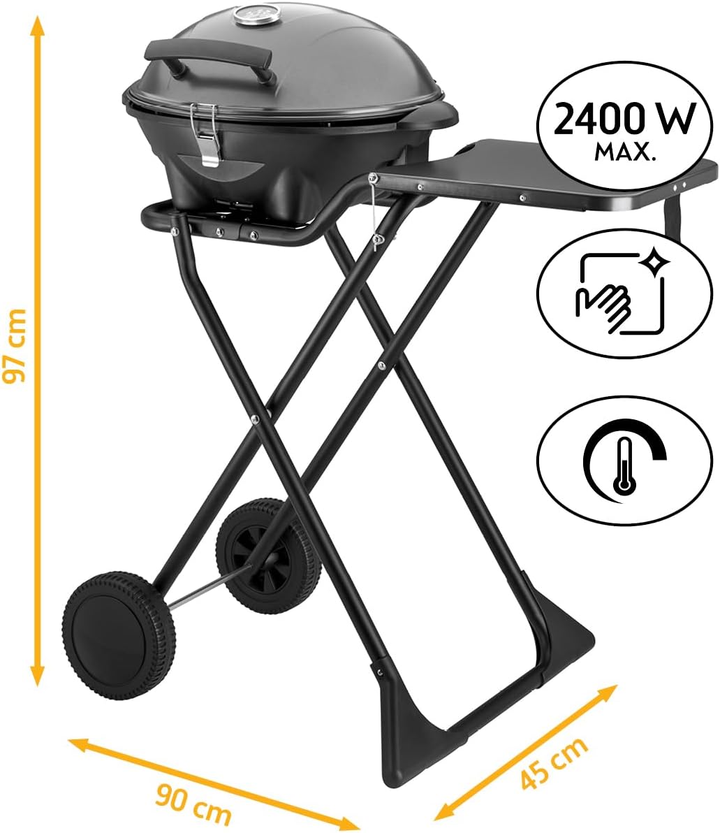 TZS First Austria Grill Elettrico 2in1 – Barbecue Elettrico Pieghevole ed Estremamente Stabile per Balcone – Grill da Tavolo Rimovibile da 2400 Watt con Coperchio, Piedistallo e Ruote, Plastica/Metallo – con Termostato