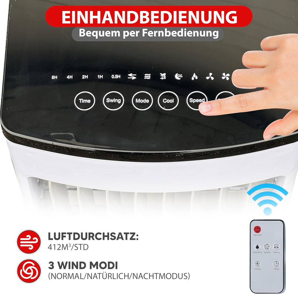 JUNG LIFEAIR Condizionatore Portatile Senza Tubo di Scarico, con Telecomando, Timer 15,5 ore, 60 dBA, 2in1 - Raffrescatore, Ionizzatore, Ventilatore Portatile con Raffreddamento ad Acqua, Climatizzatore Portatile Silenzioso