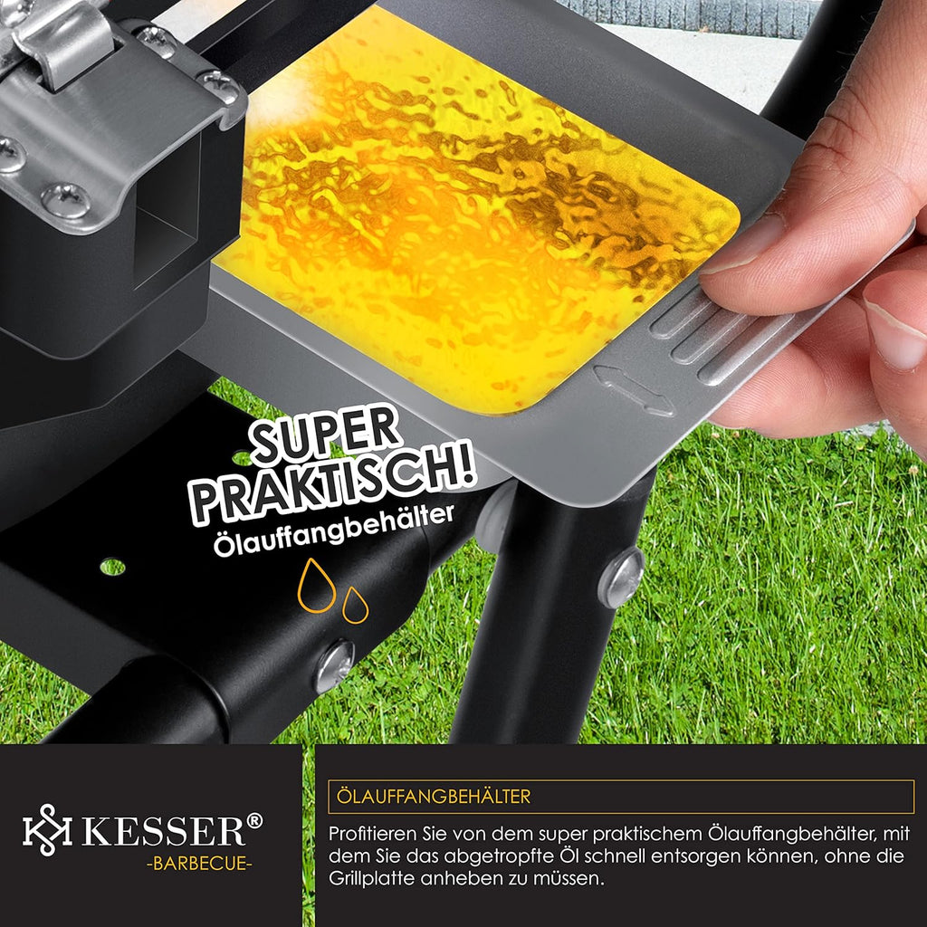 KESSER® elektrischer Elektrogrill 2in1 Tischgrill - Standgrill mit Deckel und Standfuß | max. 2400 Watt | Faltbar | Thermostat | Antihaftbeschichtung | Grillplatte Abstelltische | 2 Räder |