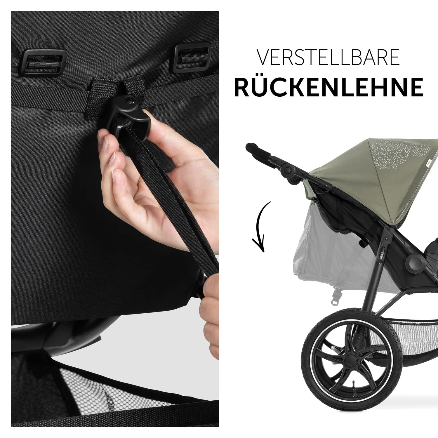 hauck Passeggino Runner 2, Passeggino a tre ruote con ruote pneumatiche XL per bambini fino a 22 kg, Protezione UV 50+, Finestra di ventilazione, Regolabile in altezza, Pieghevole, Cestino XL fino a 3 kg, Funzione reclinabile (Nero)