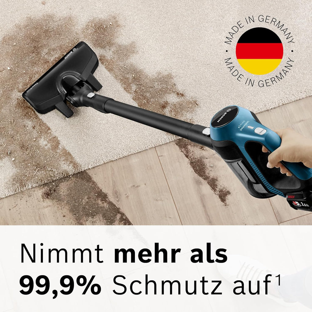 Bosch Akku-Staubsauger Unlimited Serie 6 BKS6111P, aspirapolvere senza fili, senza sacco, leggero, filtro igienico, elevata potenza di aspirazione, lunga autonomia, bocchetta per fessure, tutti i tipi di pavimento, blu