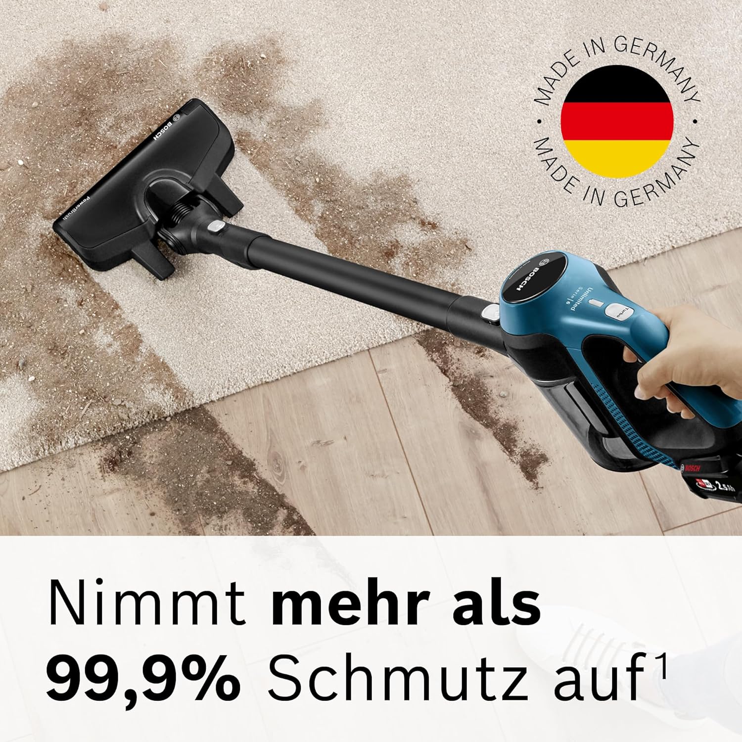 Bosch Akku-Staubsauger Unlimited Serie 6 BKS6111P, aspirapolvere senza fili, senza sacco, leggero, filtro igienico, elevata potenza di aspirazione, lunga autonomia, bocchetta per fessure, tutti i tipi di pavimento, blu