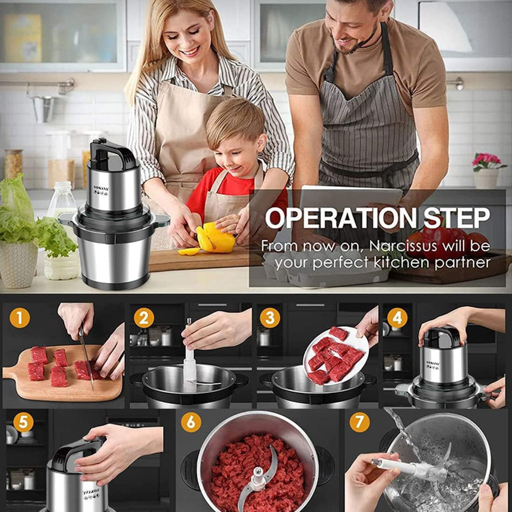 SOKANY Tritacarne Elettrico da Cucina 1500W con Ciotola in Acciaio Inox da 6,5L, Tritatutto con 3 Livelli di Velocità, Robot da Cucina con 4 Lame per Carne, Cipolle, Frutta, Verdura