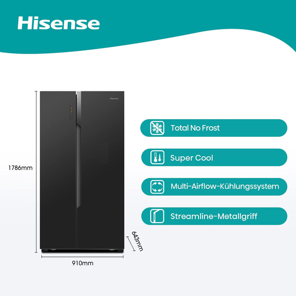 Hisense RS677N4BFD Frigorifero Americano Side by Side / Compressore Inverter / Porta Bottiglie / 2 FreshZone / Vano Verdure / Capacità Frigo 334 L / Capacità Congelatore 185 L / 41 dB / 247 kWh all'anno, Nero