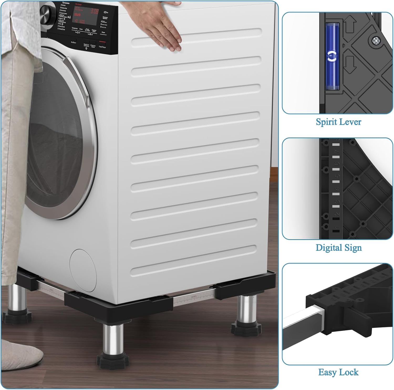 DEWEL Base Regolabile per Lavatrice, Carico Massimo 300KG, Supporto Piedistallo per Asciugatrice, Frigorifero, Congelatore, Larghezza 45-65cm, Altezza 18–22cm, Bianco