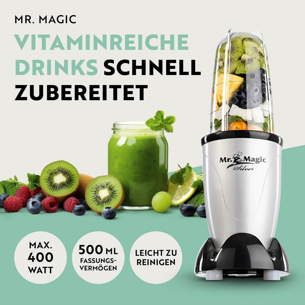 GOURMETmaxx Frullatore per Smoothie e Frullatore a Immersione Set da 18 pezzi - 400W | Frullatore Elettrico da 750ml, Mixer con 4 Bicchiere To-Go, 2 Lame, Spremiagrumi, Piedistallo e Coperchio | Lavabile in Lavastoviglie, a Prova di Perdite e Senza BPA