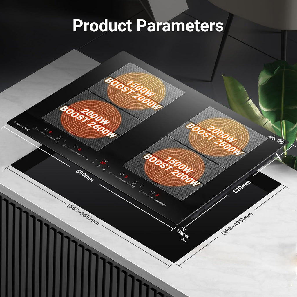 AMZCHEF Piano cottura a induzione con due zone flessibili, piano cottura a induzione a 4 zone con funzionamento silenzioso (42 dB), 9 livelli di potenza e Booster - Funzione BBQ, funzione Pausa e Mantieni caldo, 7400 W