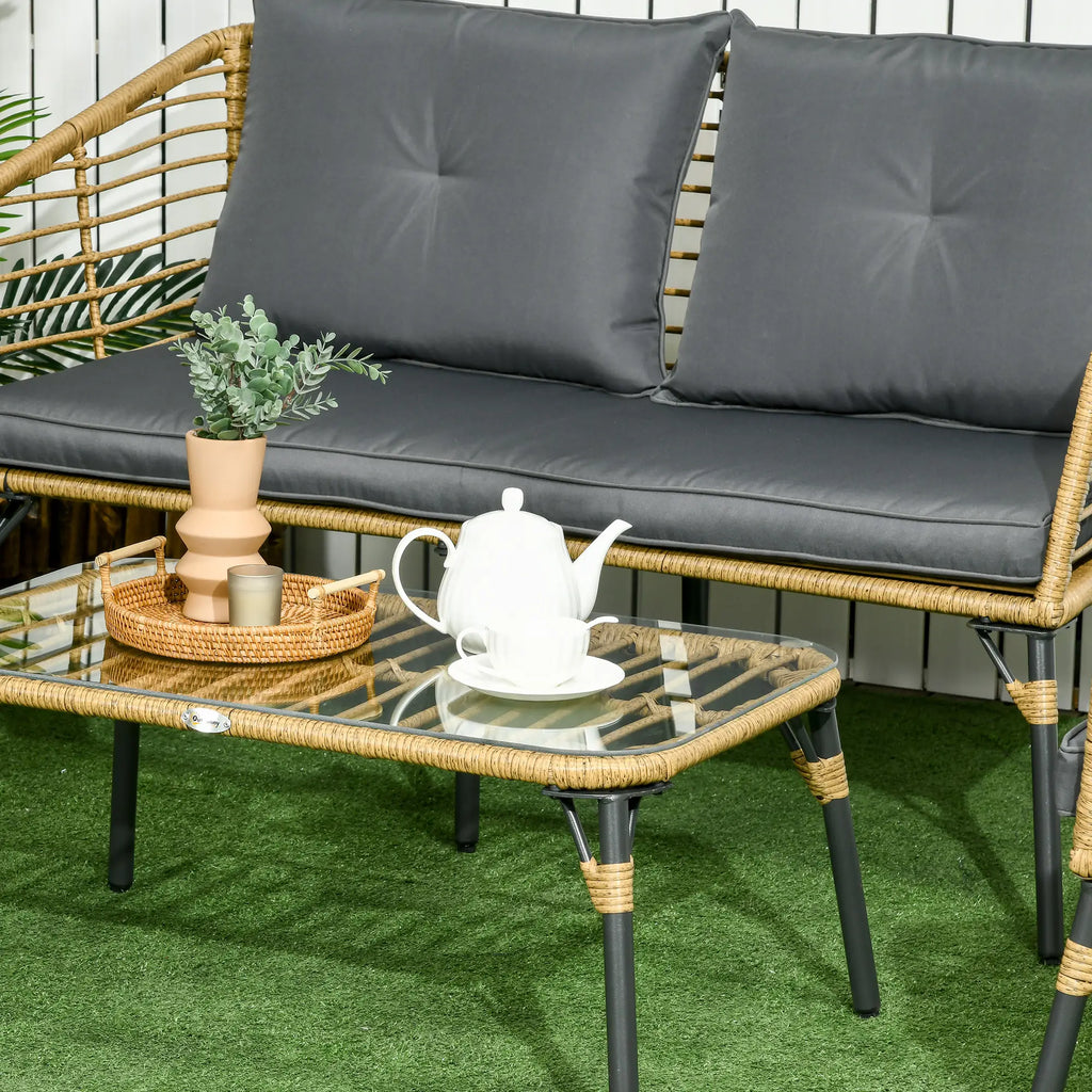 Outsunny Set Divano da Giardino in Polyrattan 4 pz Stile Boho Tavolino in Vetro