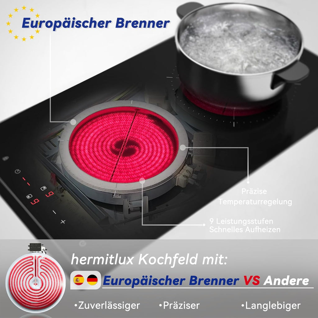 Hermitlux Domino Glaskeramikkochfeld,Eingebaut 29 cm schwarz Glaskeramik elektrisches Kochfeld,9 Leistungsstufen,Sensor-Touch-Steuerung, Kindersicherung, 1-99 Minuten-Timer,Geeignet für Alle Tpfe