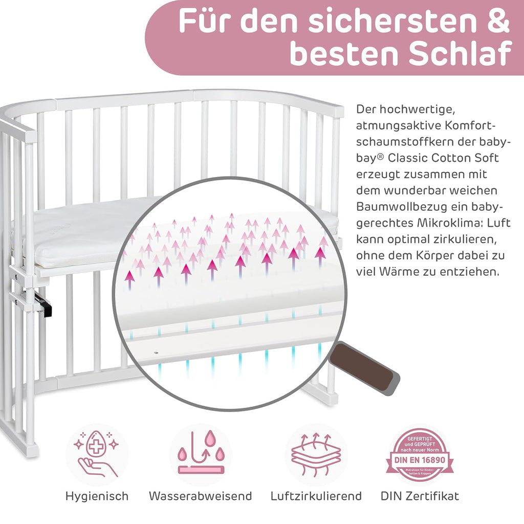 babybay Original Lettino da affiancare in massello di faggio / compatto e trasformabile / Altezza regolabile senza livelli preimpostati ed ecologico / Lettino evolutivo (laccato bianco) / Materasso incluso