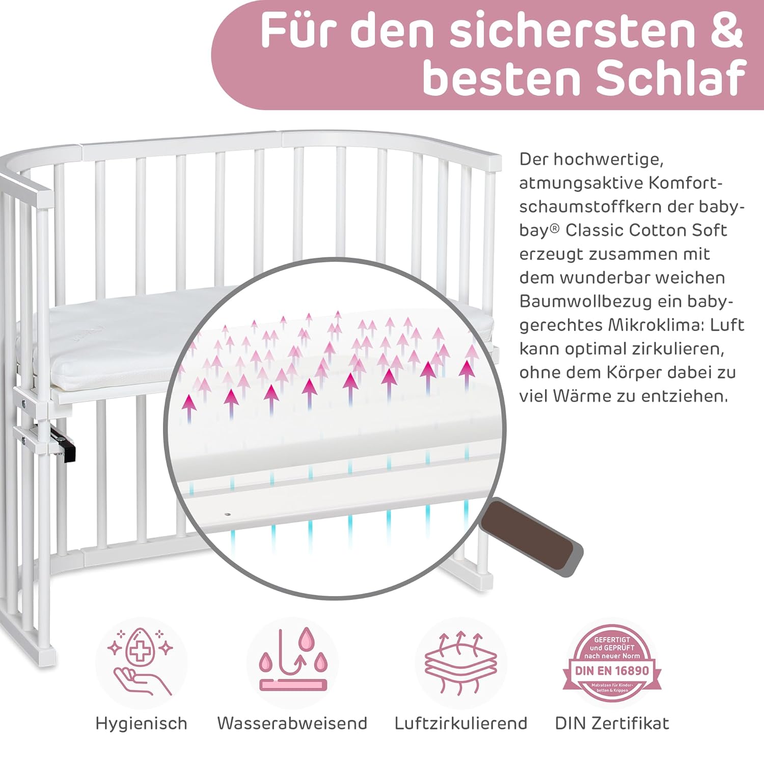 babybay Original Lettino da affiancare in massello di faggio / compatto e trasformabile / Altezza regolabile senza livelli preimpostati ed ecologico / Lettino evolutivo (laccato bianco) / Materasso incluso