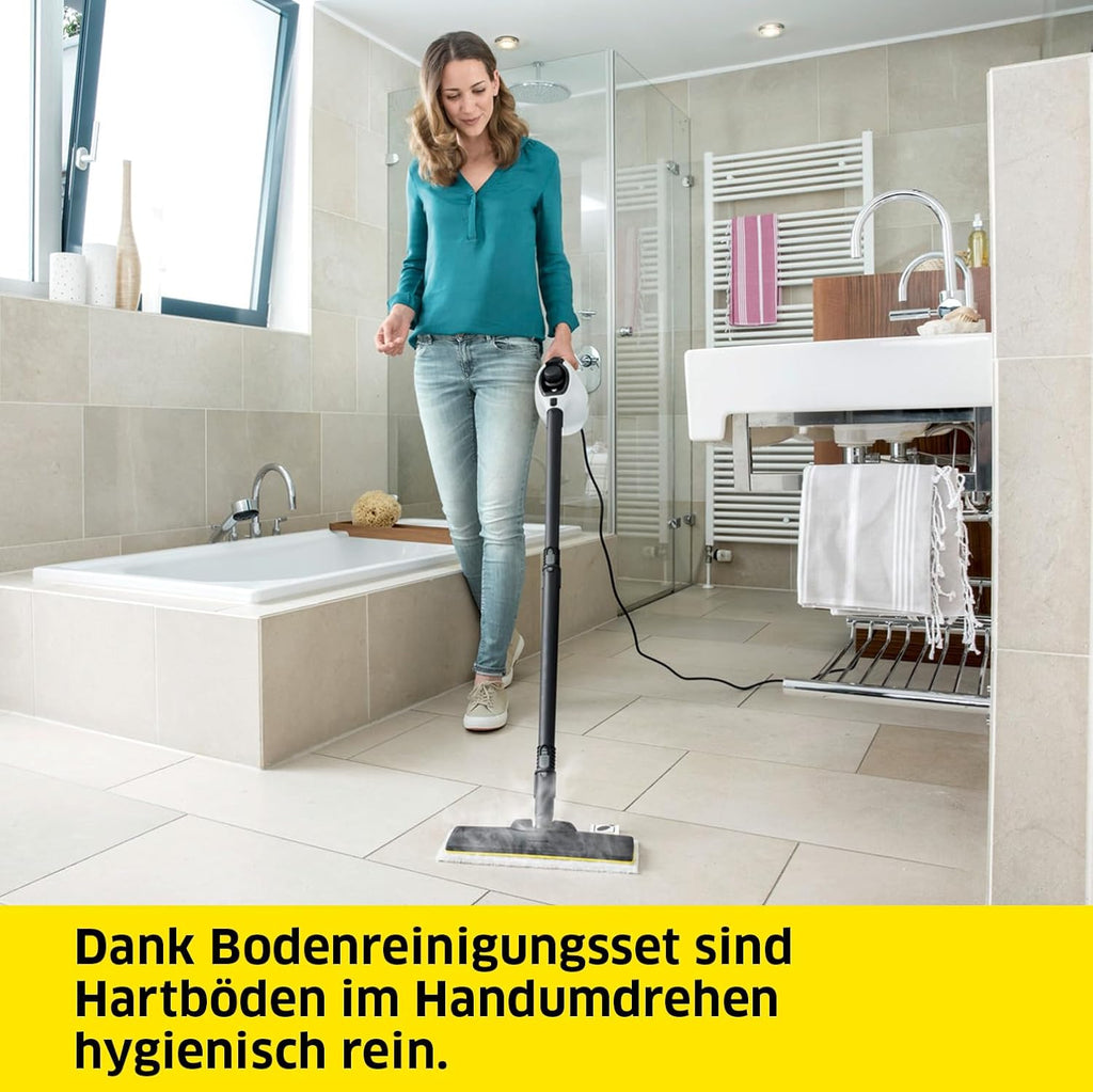 Kärcher Pulitore a vapore SC 2 EasyFix, pressione vapore: 3,2 bar, tempo di riscaldamento: 6,5 min., potenza: 1.500 W, copertura: 75 m², serbatoio: 1 l, con set per la pulizia del pavimento EasyFix, ugelli e panno in microfibra, bianco
