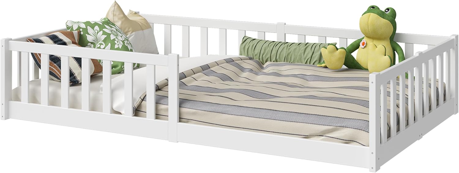 Bellabino Vere Letto a Pavimento 140x200 Montessori, Letto Matrimoniale con Protezione Anticaduta e Rete a Doghe, Letto per Bambini e Bambine in Legno Massello di Pino Bianco con Sbarre