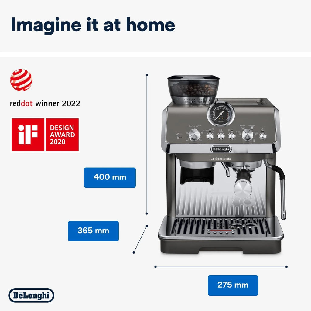 De'Longhi La Specialista Arte EC9155.MB Macchina da caffè espresso con macinacaffè, 8 impostazioni di macinatura, 15 bar, 3 temperature, lancia vapore, 1300 W, serbatoio da 1,5 l, acciaio inossidabile/nero con Barista-Kit