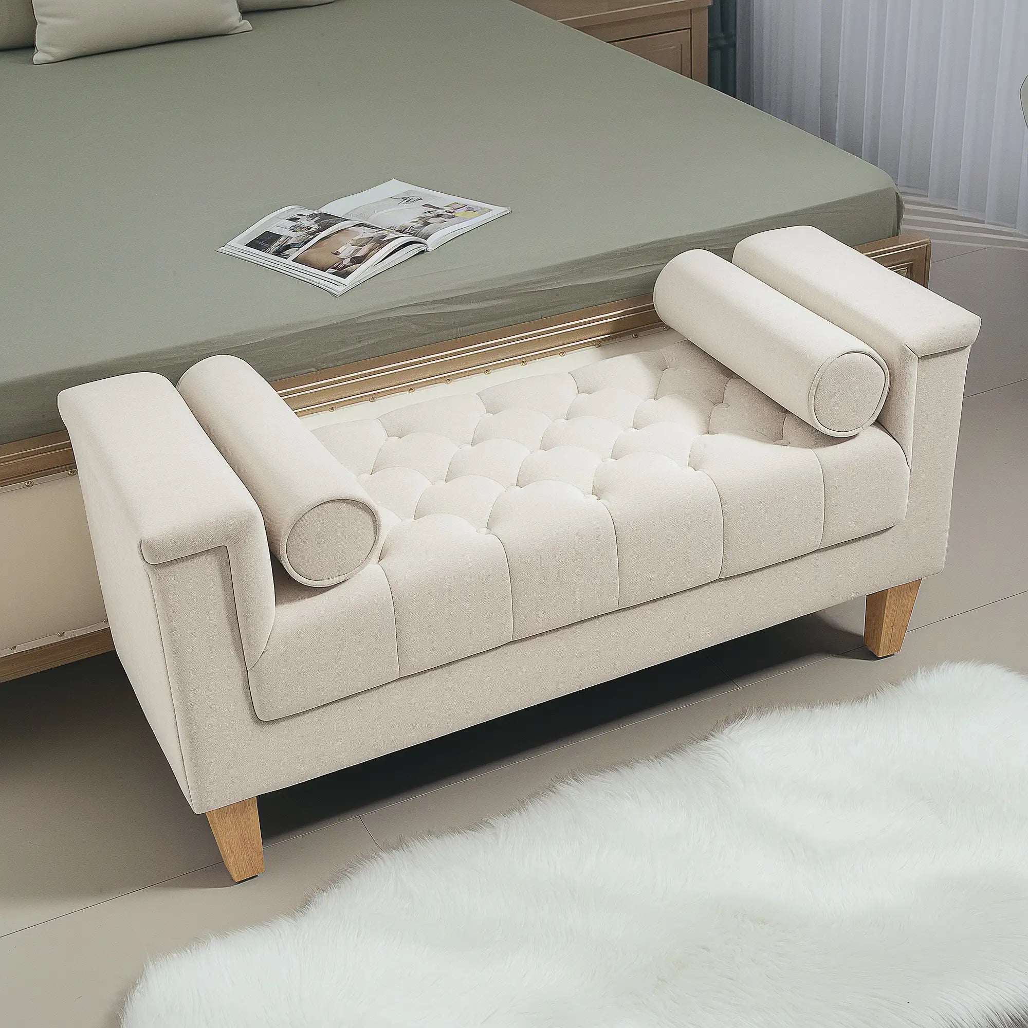 HOMCOM Polsterbank Vintage-Design Chenille Komfort Armlehne Beige