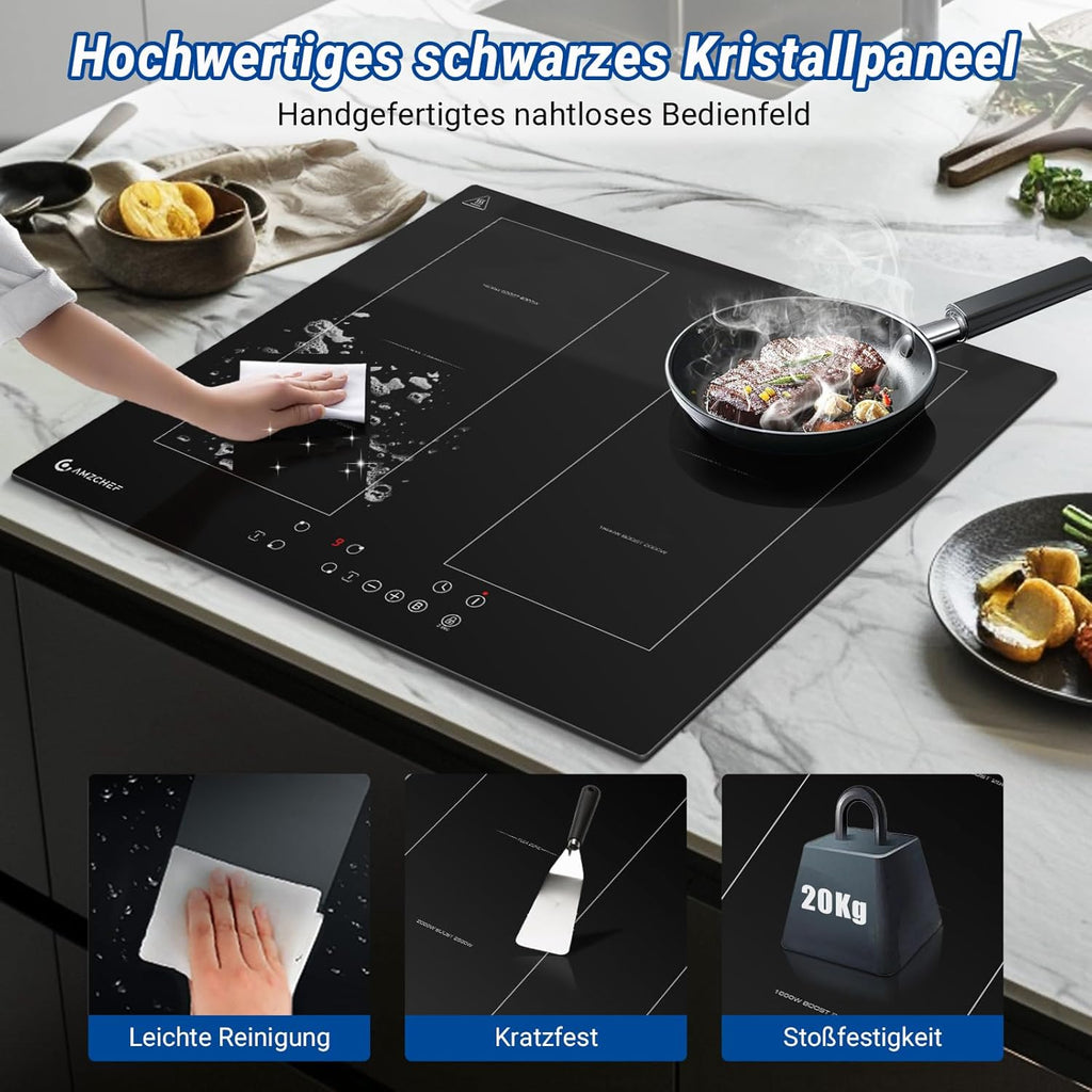 AMZCHEF Induktionskochfeld 60cm mit Zwei Flexzonen, 4 Zonen Induktionskochplatte mit Boost-Funktion und 9 Leistungsstufen, Touch-Bedienung, Timer, Sicherheitsschloss, Überhitzungsschutz, BBQ, 7200W