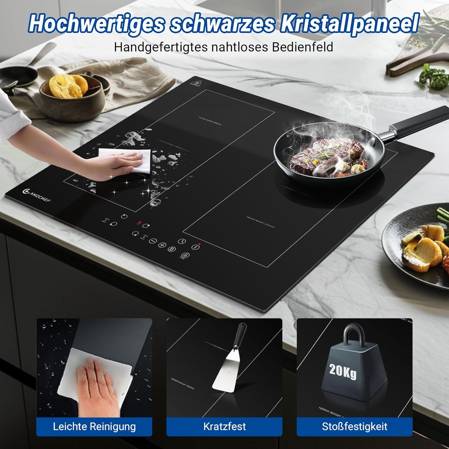 AMZCHEF Induktionskochfeld 60cm mit Zwei Flexzonen, 4 Zonen Induktionskochplatte mit Boost-Funktion und 9 Leistungsstufen, Touch-Bedienung, Timer, Sicherheitsschloss, Überhitzungsschutz, BBQ, 7200W