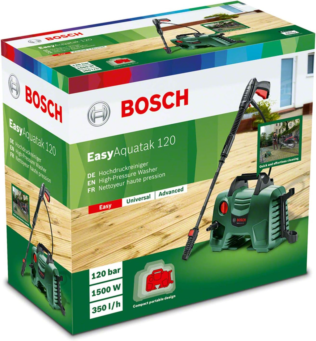 Idropulitrice Bosch EasyAquatak 120 - 1500 Watt, 120 bar, accessori versatili, design compatto, inclusi tubo e ugelli