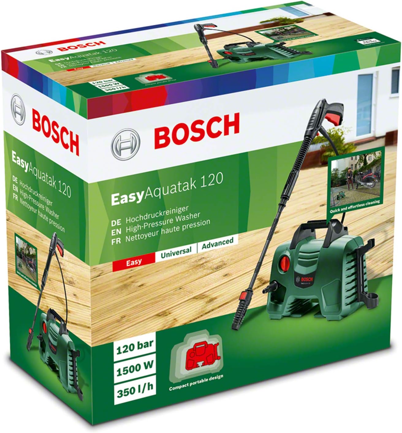 Idropulitrice Bosch EasyAquatak 120 - 1500 Watt, 120 bar, accessori versatili, design compatto, inclusi tubo e ugelli