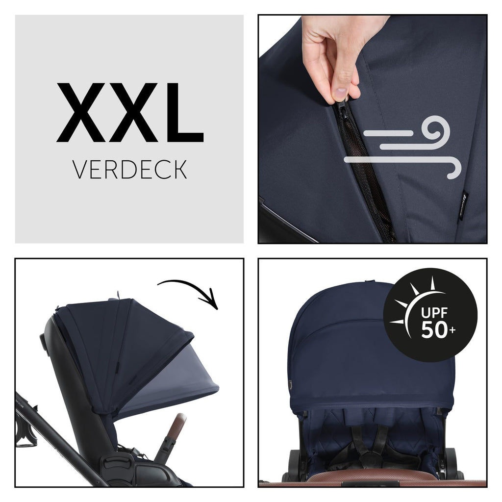 hauck Kinderwagen mit Beindecke Walk N Care ab Geburt bis 22 kg mit Liegefunktion, Becherhalter, Sitz Wendbar & Höhenverstellbar, Gummireifen, Teleskopgriff, UPF 50+, Zusammenklappbar (Dark Navy Blue9