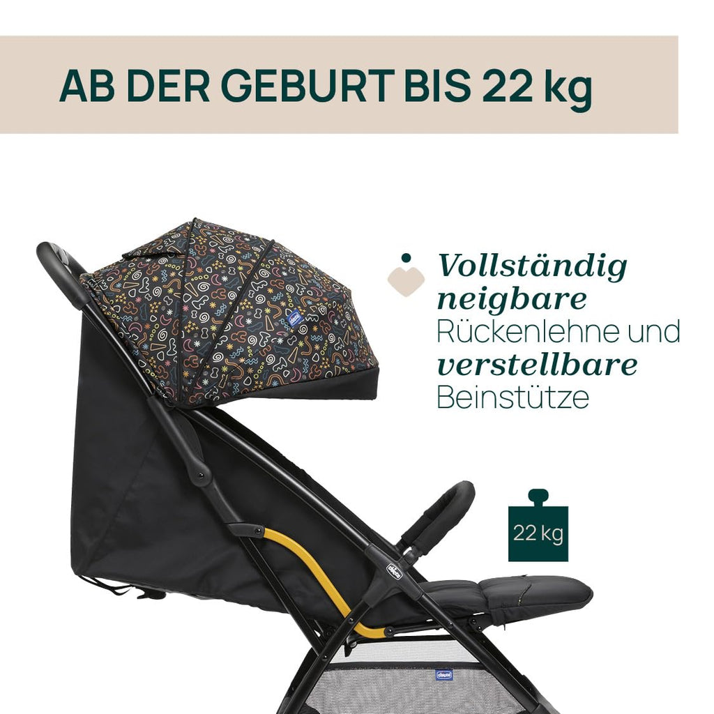 Chicco, Glee, Kinderwagen ab 0 Monate bis 4 Jahre, mit Automatik- und Kompaktverschluss, Ausziehbares Verdeck mit Lichtschutzfaktor 50+ und Regenschutz, 3-stufig verstellbare Rückenlehne, Beinauflage