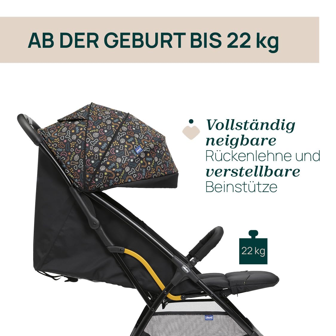 Chicco, Glee, Kinderwagen ab 0 Monate bis 4 Jahre, mit Automatik- und Kompaktverschluss, Ausziehbares Verdeck mit Lichtschutzfaktor 50+ und Regenschutz, 3-stufig verstellbare Rückenlehne, Beinauflage