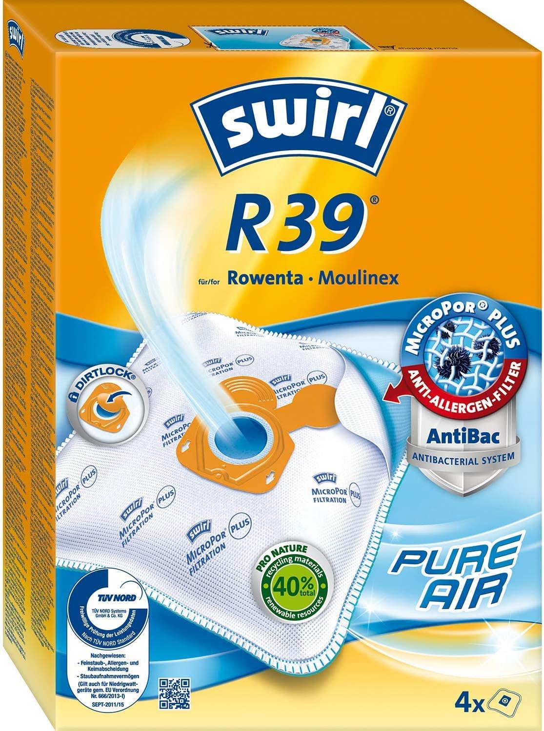 Rowenta RO3950 Aspirapolvere a sacco + Confezione da 4 sacchetti Swirl R 39 per aspirapolvere per un'aspirazione costantemente elevata, volume sacco 3L, 750 W = 2000W, estremamente silenzioso, filtro igienico, con spazzola per parquet