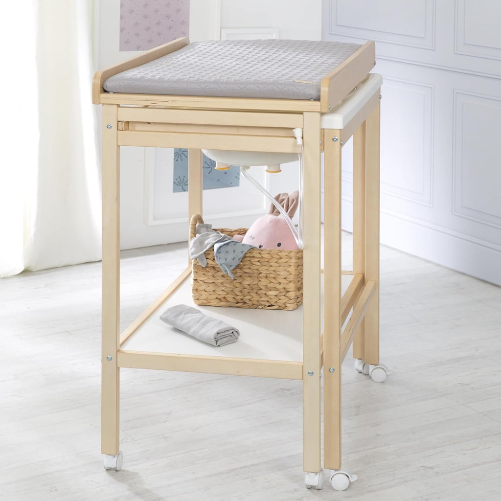 roba Fasciatoio da Bagno Combinato + Materassino Fasciatoio Style grigio - Fasciatoio Mobile Combinato con Vasca Integrata - con piano fasciatoio estraibile - Legno bianco