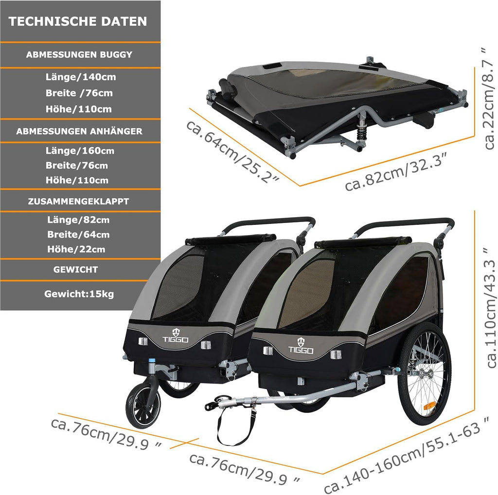 Tiggo S2 Rimorchio per Bambini con Sospensioni Jogger 2 in 1 Passeggino Bicicletta Rimorchio Girevole a 360°
