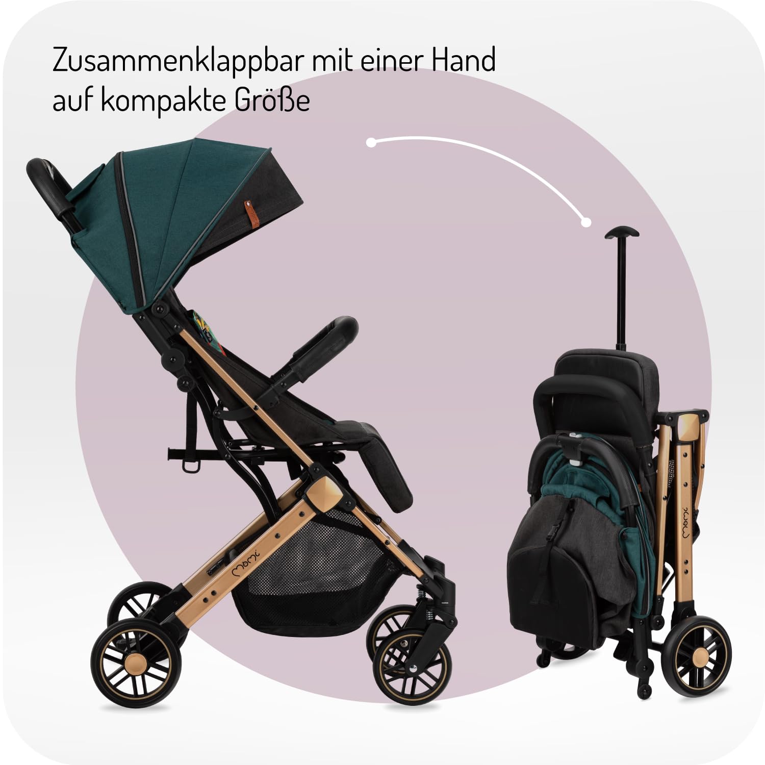 MOMI ESTELLE Kinderwagen für Kinder ab 6 Monat bis zu max körpergewicht von 15 kg, klappbar auf die Maße 65 x 51 x 21 cm, gewicht 7,5 kg, 5-Punkt-Sicherheitsgurt, koffer, grau-gold, Räder 6''/6,5''