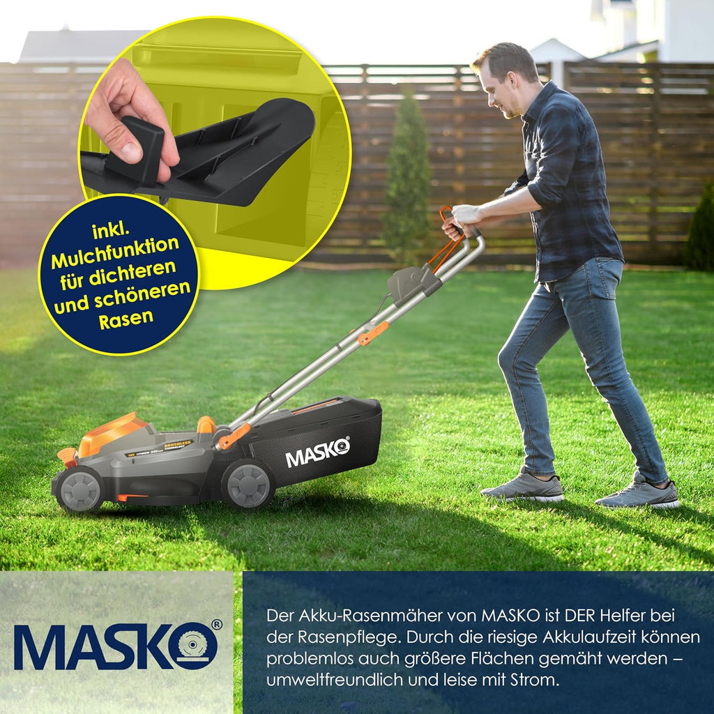 MASKO® Akku Rasenmäher mit Mulchfunktion inkl. 2X Akkus Li-Ion Batterie 4Ah & Doppel-Ladegerät – Rasentrimmer Schnittbreite 37cm, 6-fache 25-75mm Schnitthöhenverstellung Fangkorb 40L bis 600m² Flächen