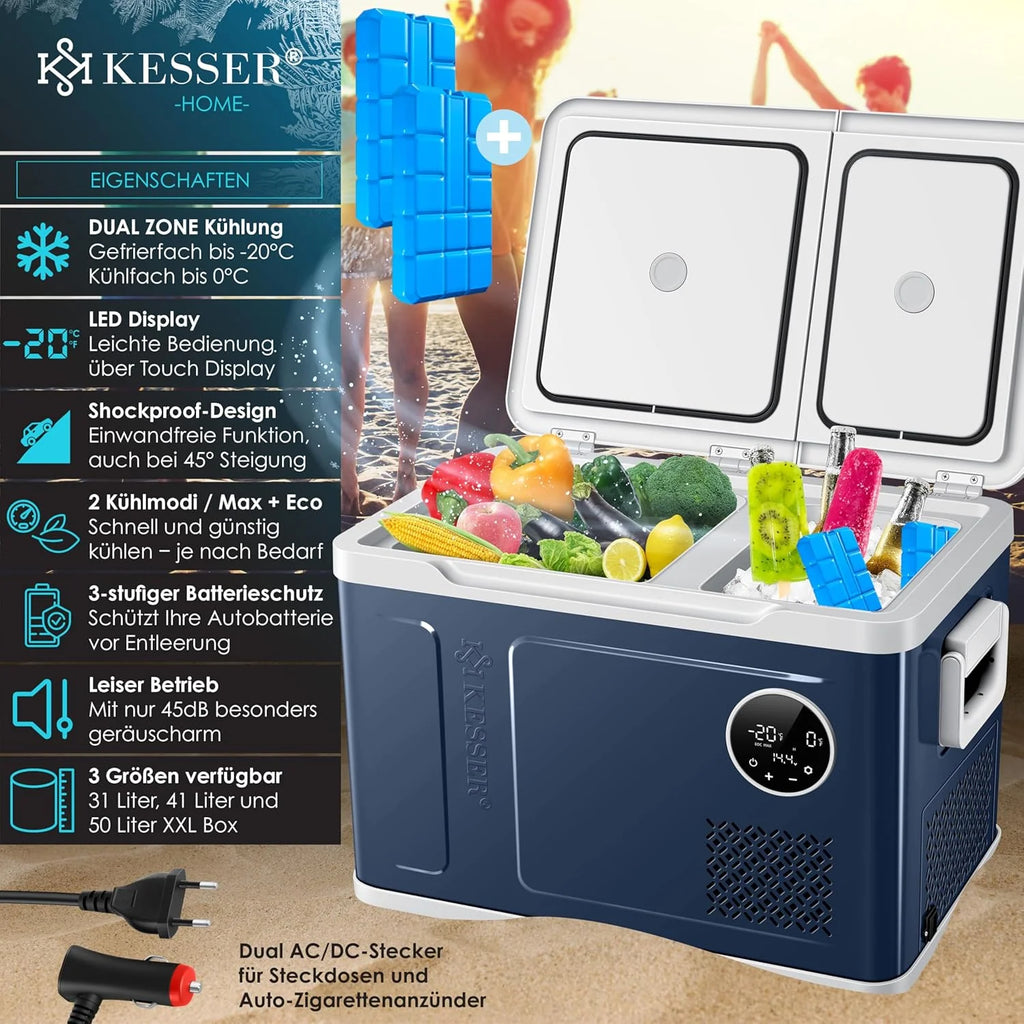 KESSER® Frigorifero portatile a compressore 2in1 doppia zona frigo e congelatore, congelatore elettrico con 2 accumuli di freddo e controllo touch LED | Refrigerazione fino a -20 °C per campeggio, auto, camion 12/24V 230V