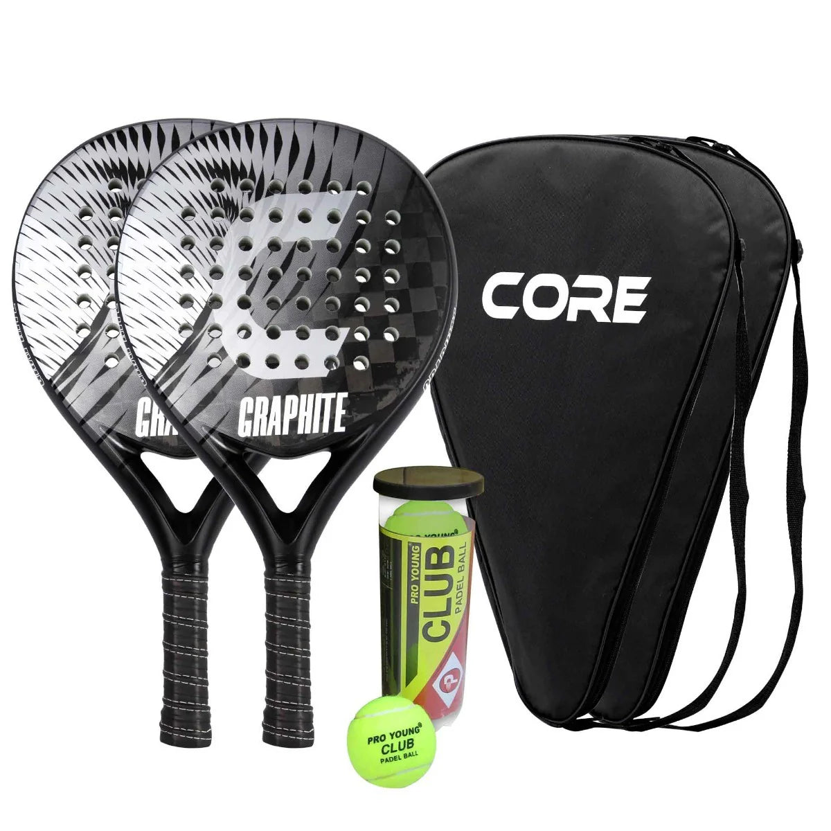Set Core Padel Graphite, 2 racchette + palline