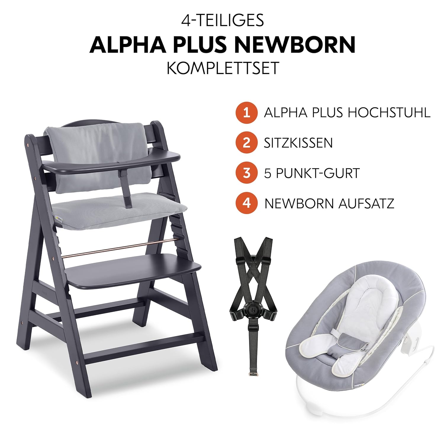 hauck Hochstuhl Alpha Plus Newborn Set mit 2in1 Bouncer - Mitwachsender Holz Babyhochstuhl ab Geburt, inkl. Sitzauflage & Neugeborenenaufsatz - Dark Grey