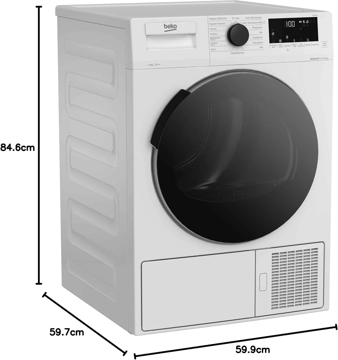 Beko DHC946GX b300 Asciugatrice a pompa di calore, 9 kg, carica frontale, cestello AquaWave, igiene di asciugatura e rinfresco, 15 programmi, bianco