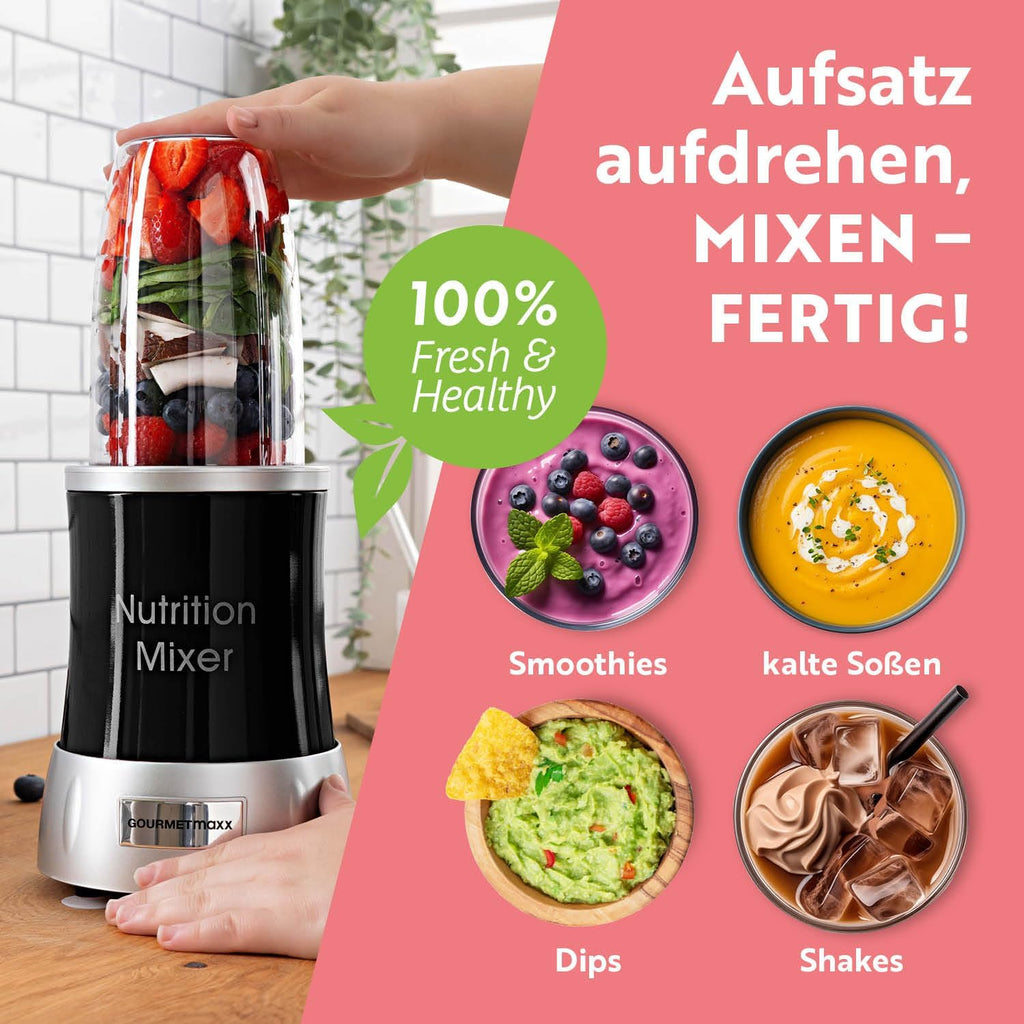 GOURMETmaxx Frullatore per Smoothie e Frullatore a Immersione Set da 18 pezzi - 400W | Frullatore Elettrico da 750ml, Mixer con 4 Bicchiere To-Go, 2 Lame, Spremiagrumi, Piedistallo e Coperchio | Lavabile in Lavastoviglie, a Prova di Perdite e Senza BPA