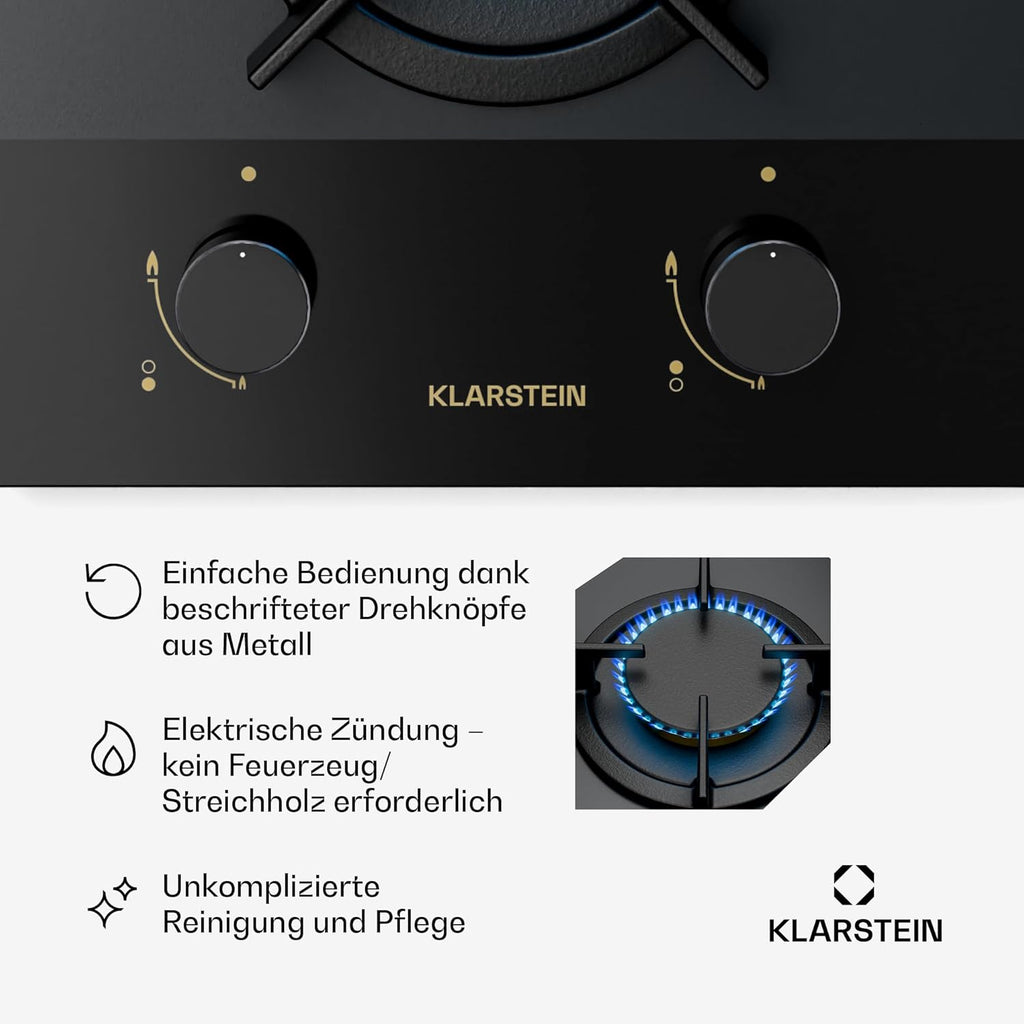 Klarstein Gasherd, Gaskochfeld 4 Flammig, Einbau-Gaskocher für Zuhause & Wohnmobil, Campingkocher mit Glasplatte, Gasherd für Propan- und Erdgas, Edelstahl Gas-Herdplatte Wok Brenner 8000 Watt