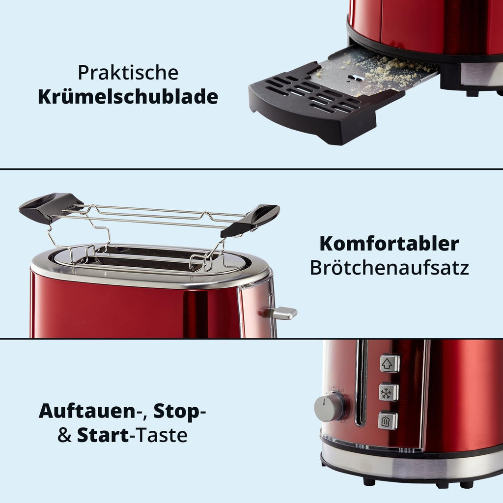 KHG Frühstücksset Wasserkocher, Toaster & Kaffeemaschine in Rot, Edelstahl Metallic Chrom, 1,7l Kapazität, 2 Toast Scheiben & 12 Tassen Kaffee, Kontrollleuchten, Wasserstandsanzeigen, Permanentfilter