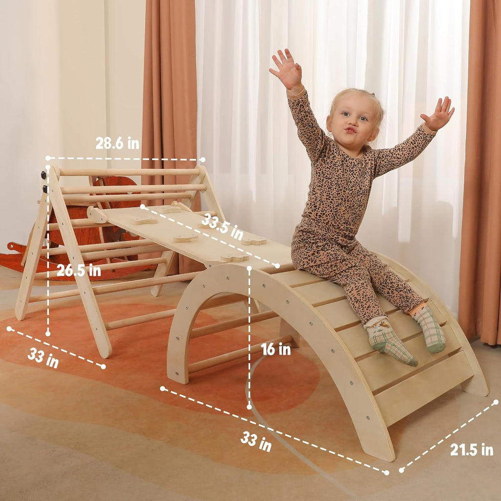 Set di triangoli con cuscino, set da arrampicata Montessori 5 in 1 pieghevole, set da arrampicata per interni per bambini, giocattolo da arrampicata in legno con rampa e arco da arrampicata per bambini (colore legno)