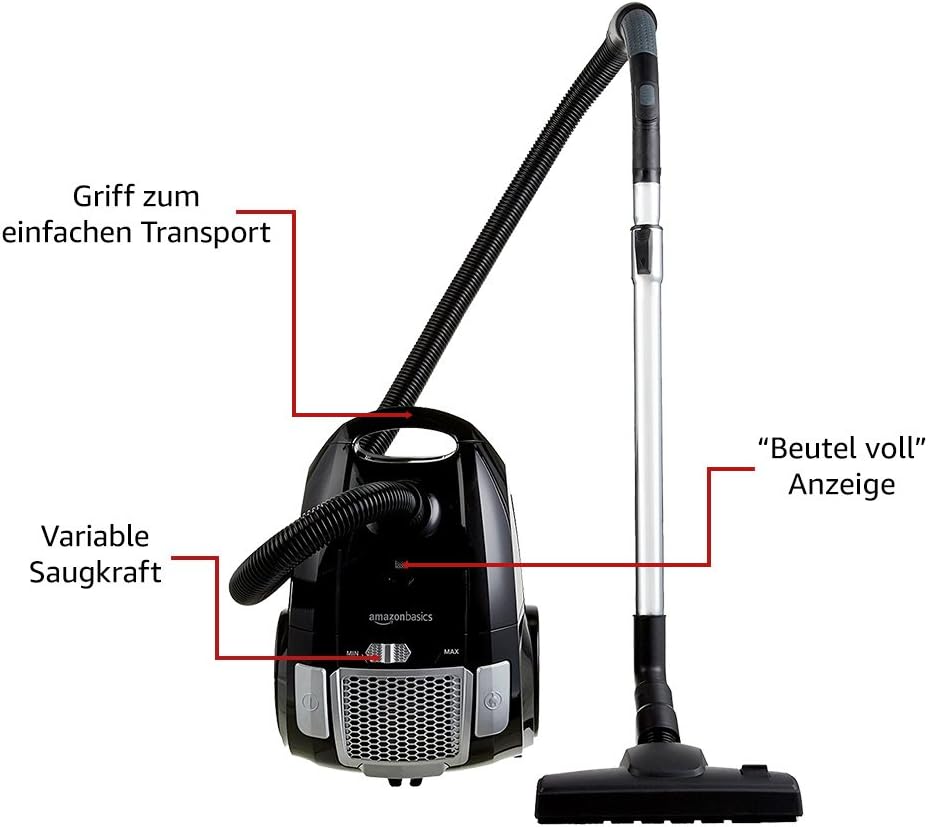 Amazon Basics - Aspirapolvere con sacchetto, potente, compatto e leggero, per pavimenti duri e tappeti, filtro HEPA, 700 W, 1,5 l, UE, nero