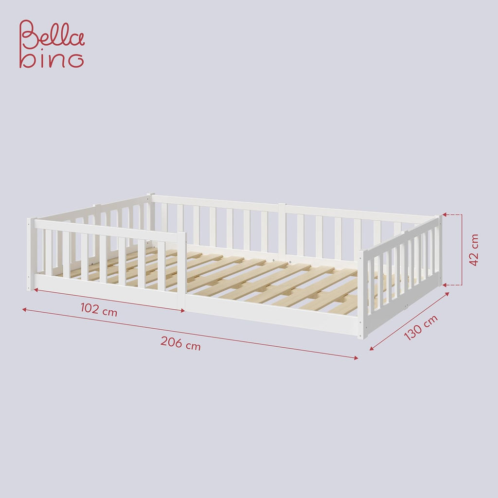 Bellabino Vere Letto a Pavimento 140x200 Montessori, Letto Matrimoniale con Protezione Anticaduta e Rete a Doghe, Letto per Bambini e Bambine in Legno Massello di Pino Bianco con Sbarre