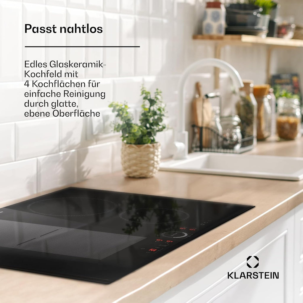 Klarstein Piano Cottura a Induzione, Piano Cottura in Vetroceramica, con 4 Piastre, Incasso con Display Touch, Display Digitale e Funzione Timer, Riscaldamento Veloce, 7000 Watt
