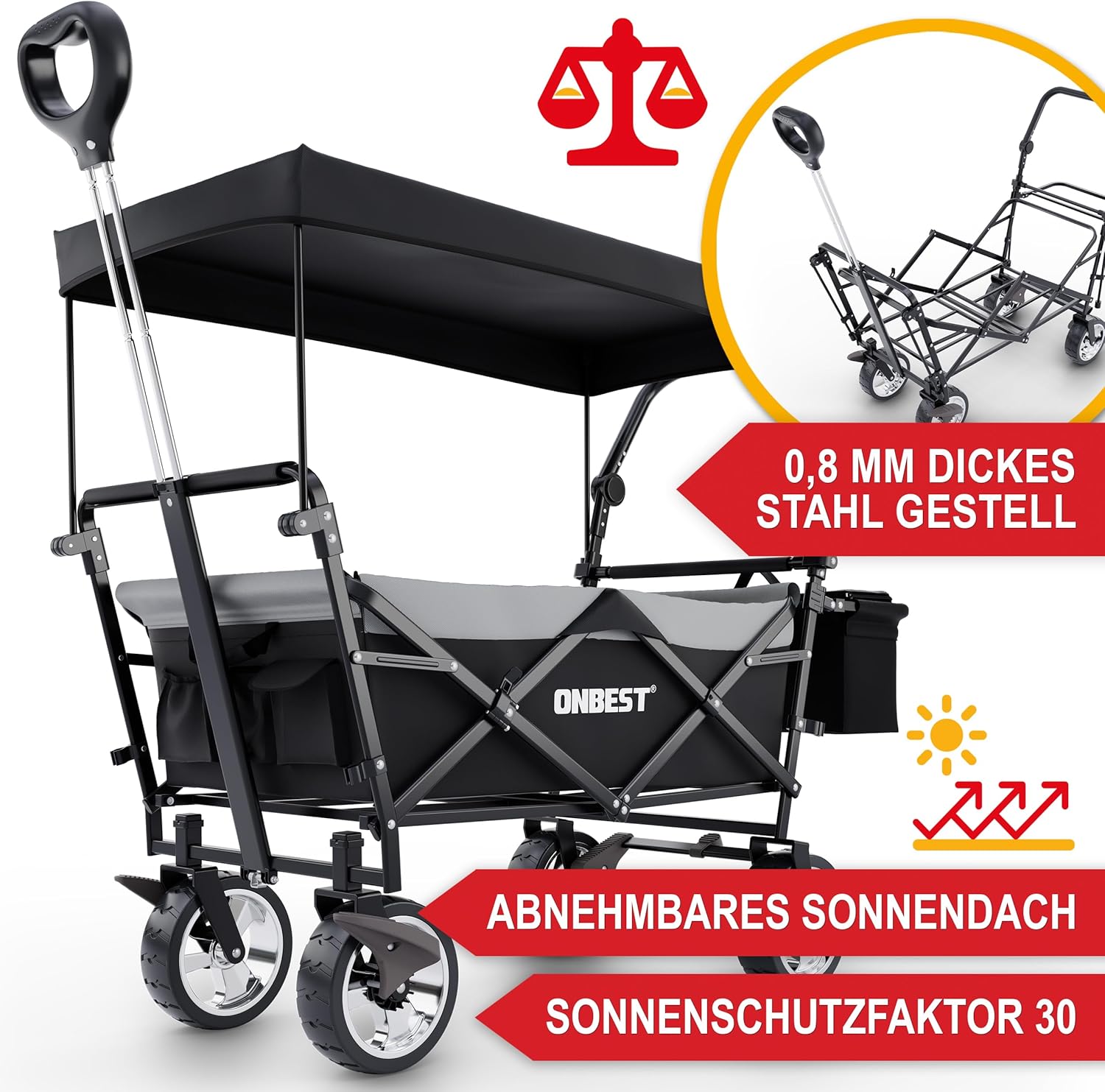 ONBEST Carretto Pieghevole - Con Parapioggia - Carrello Pieghevole con Tetto 100 kg di Carico - Tetto Parasole - Borsa Termica - Portabicchieri - Outdoor - Carrello da Spiaggia Pieghevole (Nero)