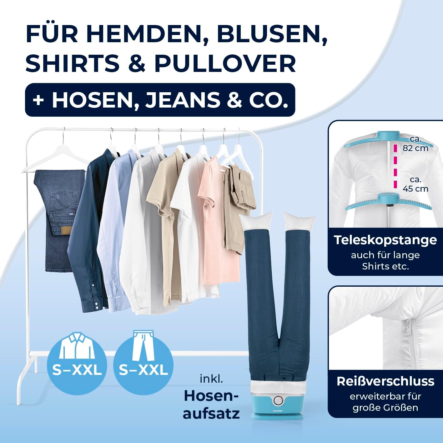 CLEANmaxx Stiratore automatico per camicie per asciugare e stirare camicie e bluse, inclusivo di accessorio per pantaloni | Il modo innovativo e delicato per stirare il vostro bucato